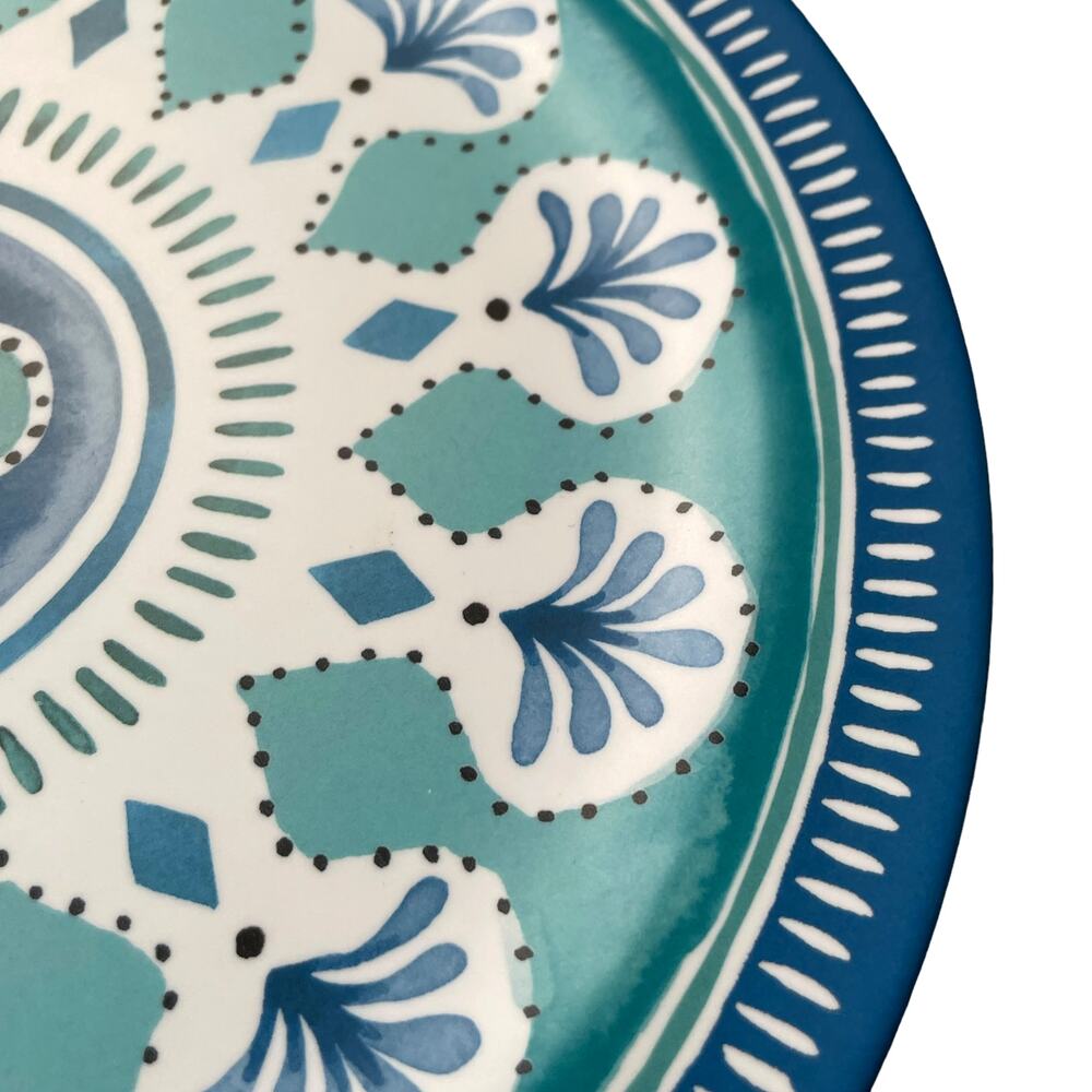 ACADIA HOME Melamine 10.5" Dinner Plates Set 4 Blue Teal White Iznik Print NEW - Picture 6 of 8